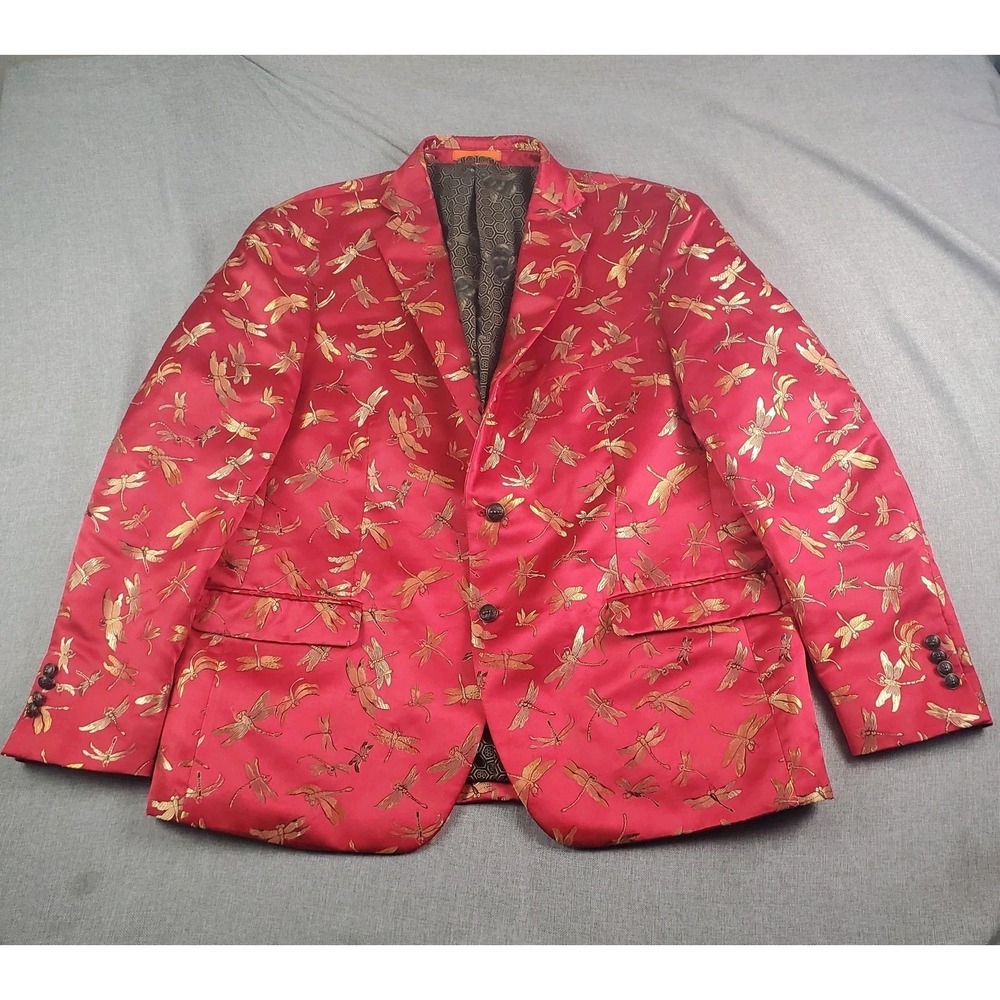 Tallia Blazer Men 48 Red Dragonfly Slim Fit Jacquard Dinner Jacket Metal Button - Picture 5 of 16
